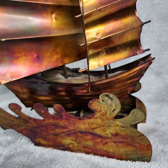 Vintage Copper Art Musical Kinetic Sailing Ship Plays Beyond the Reef Music - Picture 4 of 16